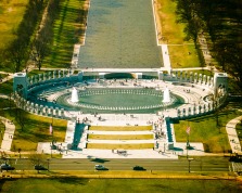 A closer aerial view of the World War II Memorial in Washington, DC.