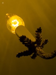 Candle-type bulb on an antique chandelier.