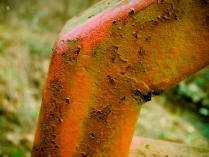 Rusty iron railing with peeling paint. Cabin John Park, Potomac, MD, USA.