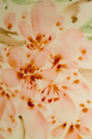 Pink flowers painted on porcelain surface, macro.