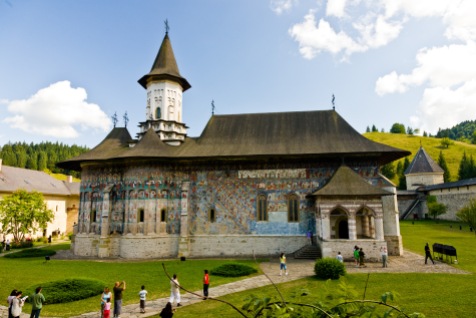 Interior courtyard, church, Manastirea Sucevita, Bucovina, Romania.