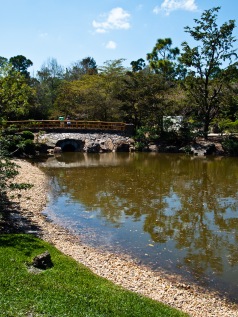 Bridge over lake, Morikami Museum and Japanese Gardens, Delray Beach, FL, USA.